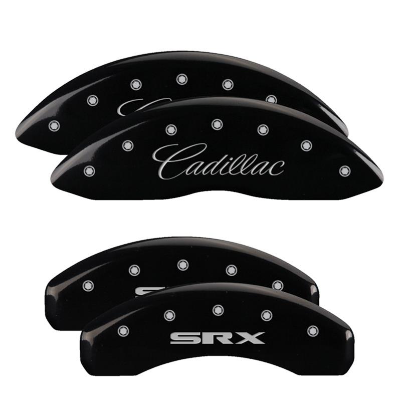 MGP 4 Caliper Covers Engraved Front Cursive/Cadillac Engraved Rear SRX Black finish silver ch thumbnail 3