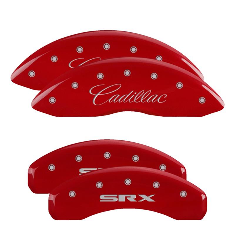 MGP 4 Caliper Covers Engraved Front Cursive/Cadillac Engraved Rear SRX Red finish silver ch thumbnail 3