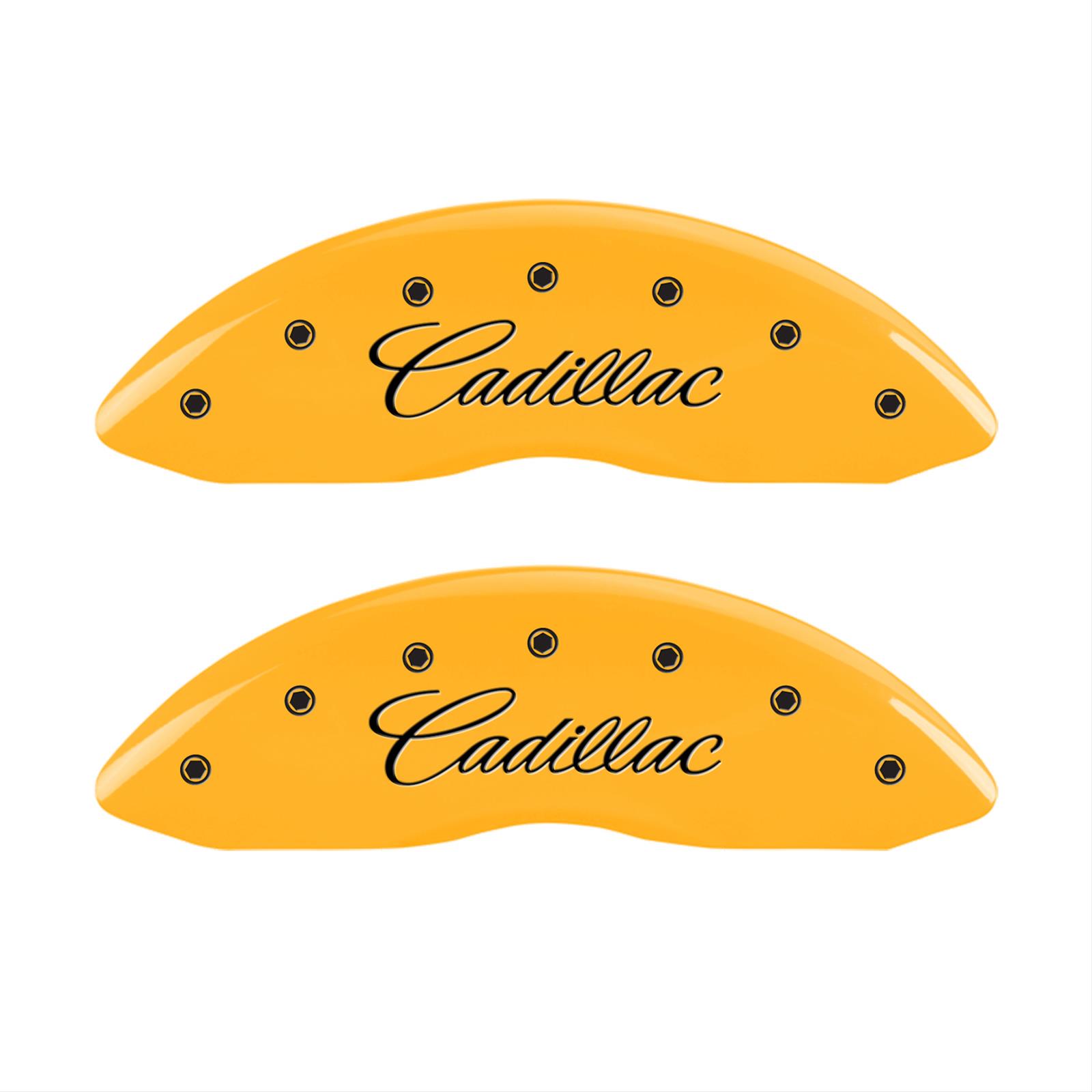 MGP 4 Caliper Covers Engraved Front & Rear Cursive/Cadillac Yellow finish black ch