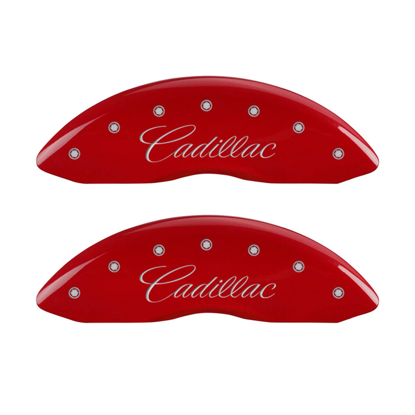 MGP 4 Caliper Covers Engraved Front Cursive/Cadillac Engraved Rear CTS4 Red finish silver ch