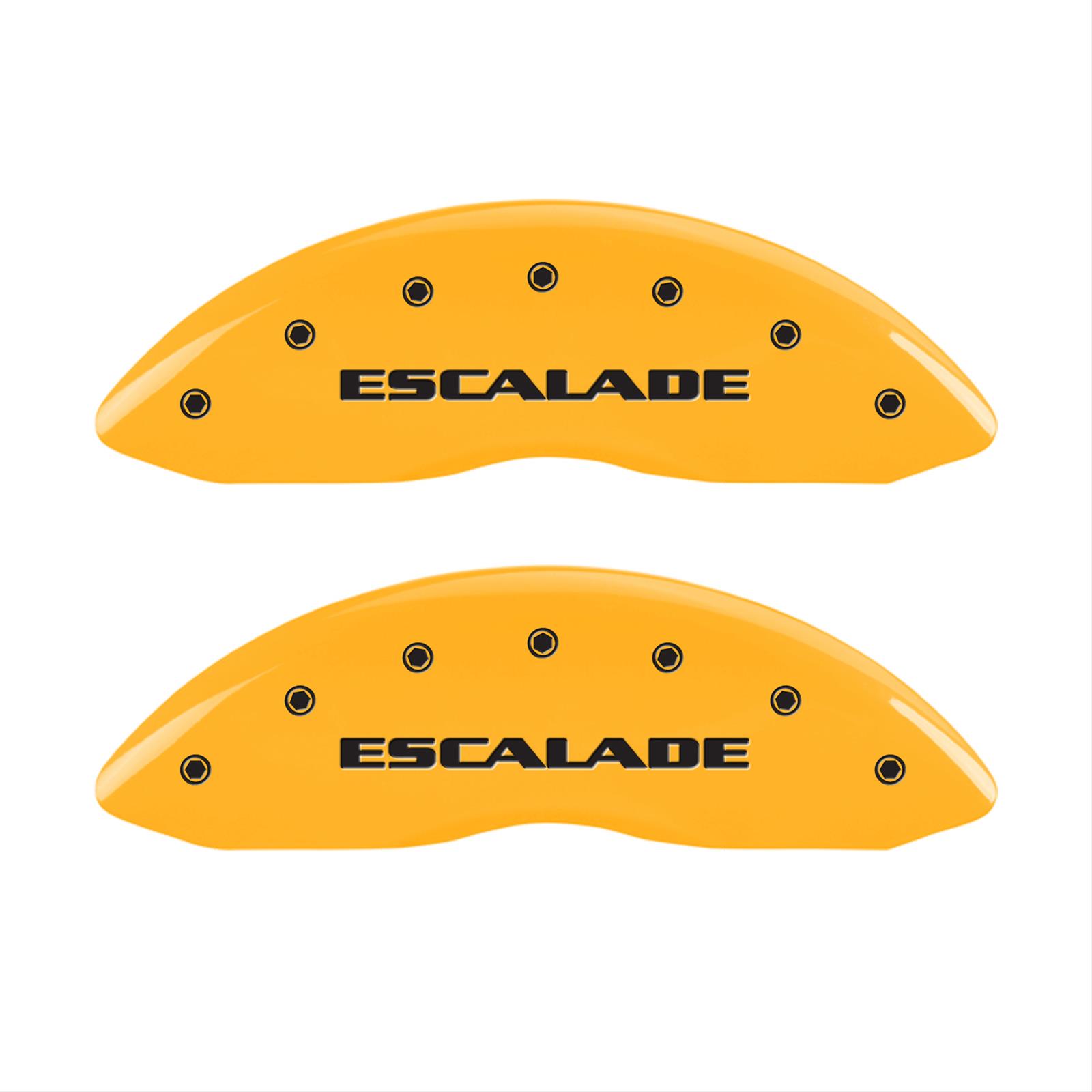 MGP 4 Caliper Covers Engraved Front Escalade Engraved Rear EXT Yellow finish black ch