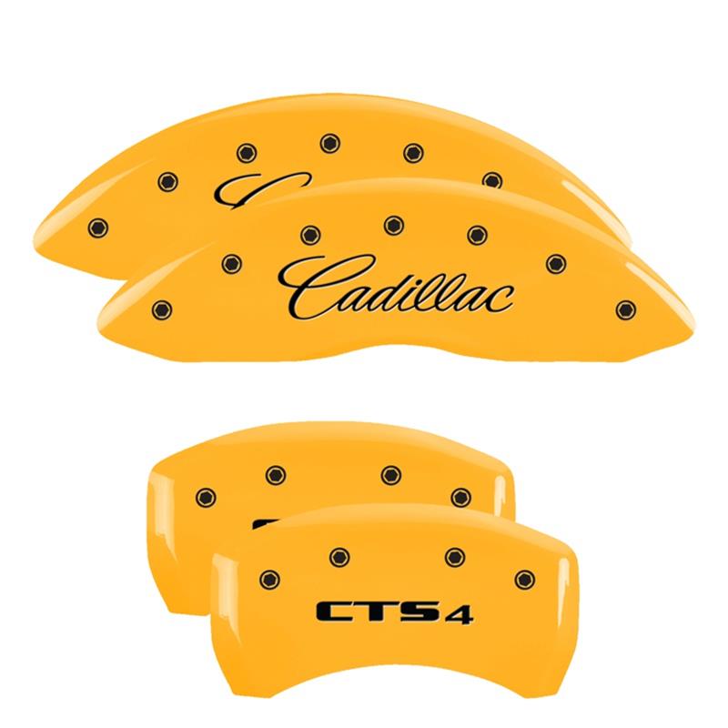 MGP 4 Caliper Covers Engraved Front Cursive/Cadillac Engraved Rear CTS4 Yellow finish black ch thumbnail 3