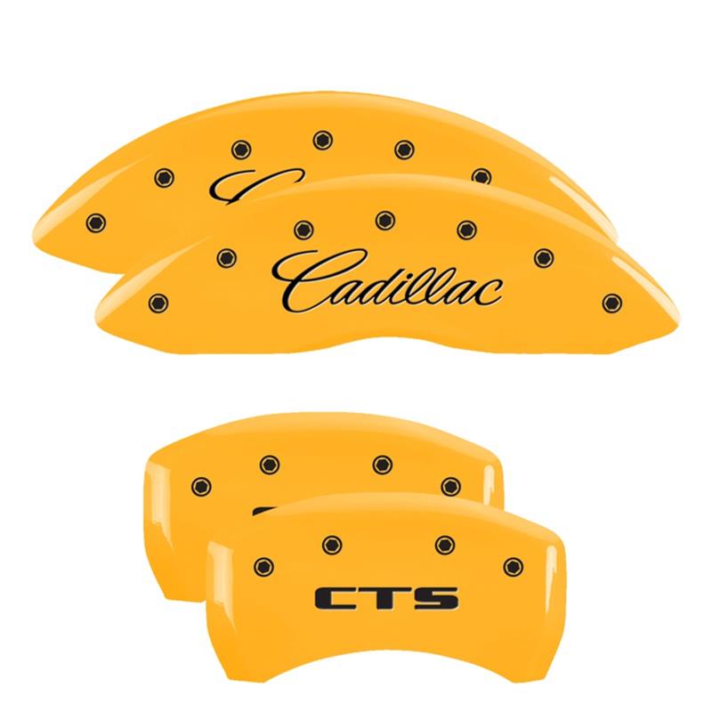 MGP 4 Caliper Covers Engraved Front Cursive/Cadillac Engraved Rear CTS Yellow finish black ch thumbnail 3