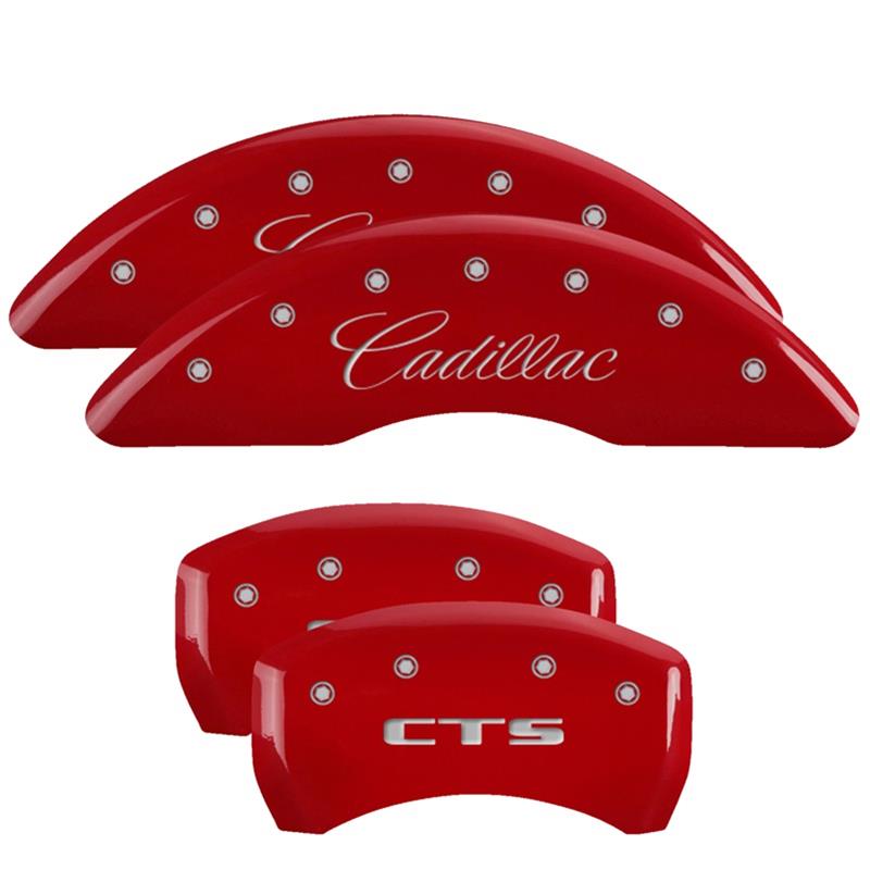 MGP 4 Caliper Covers Engraved Front Cursive/Cadillac Engraved Rear CTS Red finish silver ch thumbnail 3