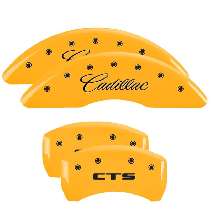 MGP 4 Caliper Covers Engraved Front Cursive/Cadillac Engraved Rear CTS Yellow finish black ch thumbnail 3