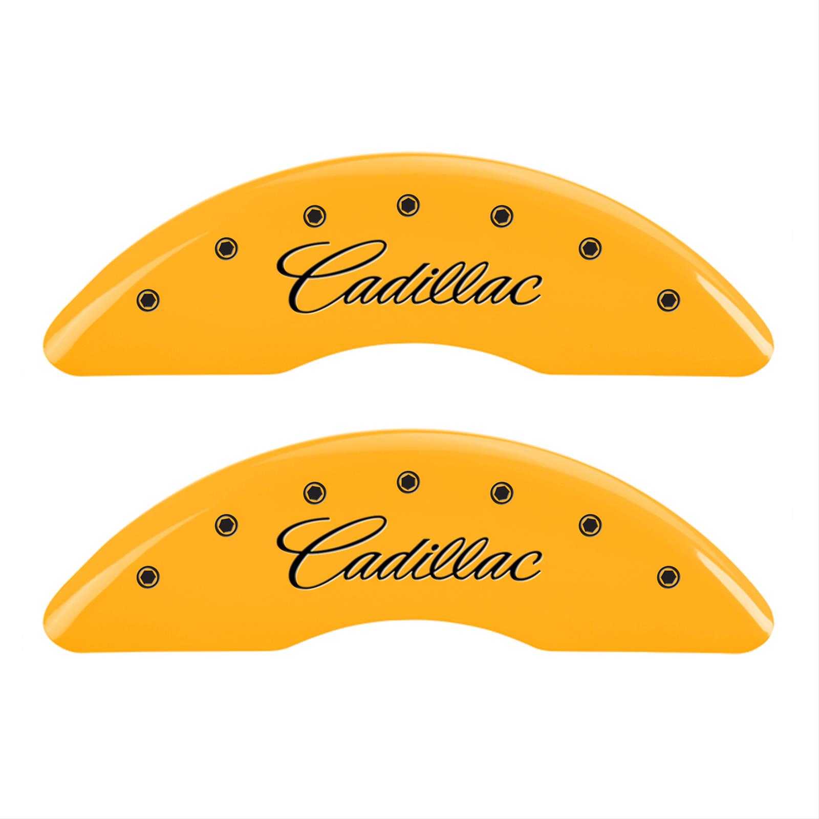 MGP 4 Caliper Covers Engraved Front Cursive/Cadillac Engraved Rear CTS Yellow finish black ch