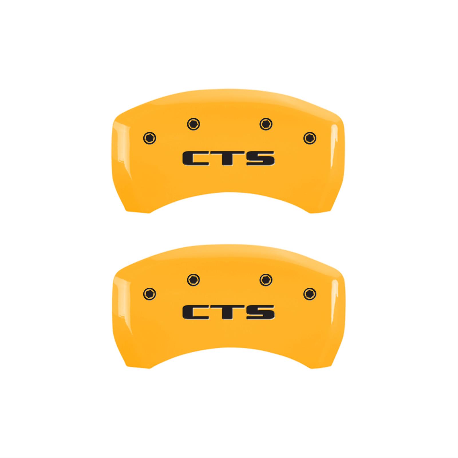 MGP 4 Caliper Covers Engraved Front Cursive/Cadillac Engraved Rear CTS Yellow finish black ch thumbnail 2