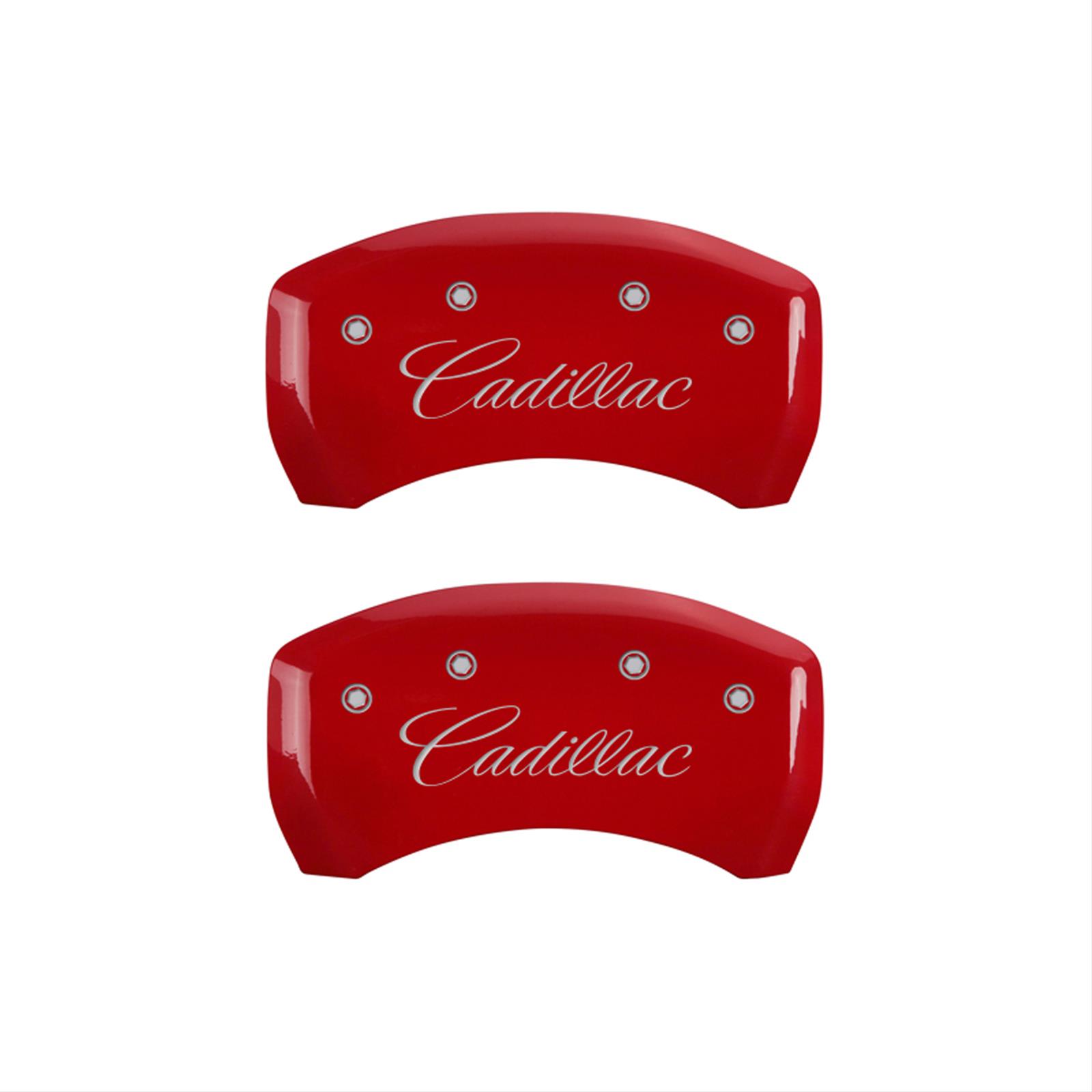 MGP 4 Caliper Covers Engraved Front & Rear Cursive/Cadillac Red Finish Silver Characters thumbnail 2