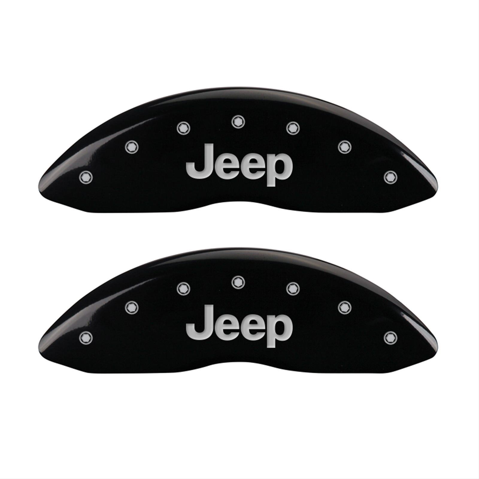 MGP 4 Caliper Covers Engraved Front JEEP Engraved Rear JEEP Grill logo Black finish silver ch