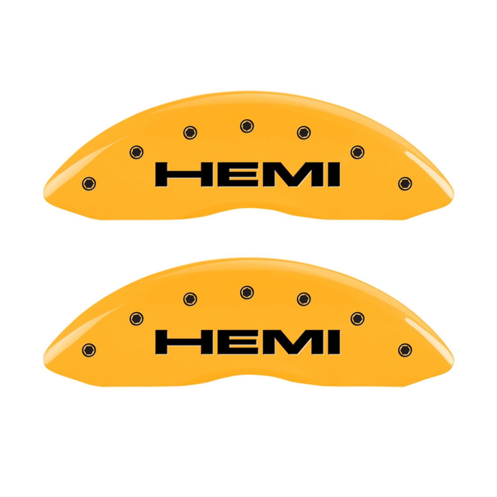 MGP 4 Caliper Covers Engraved Front & Rear Hemi Yellow finish black ch thumbnail 2