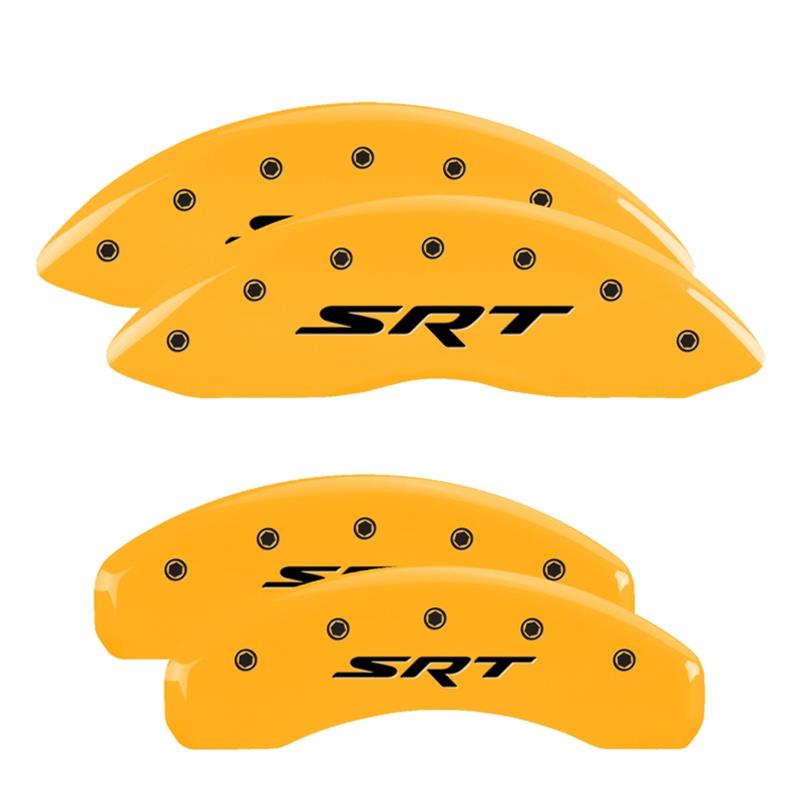 MGP 4 Caliper Covers Engraved Front & Rear 11-18 Jeep Grand Cherokee Yellow Finish Black SRT Logo