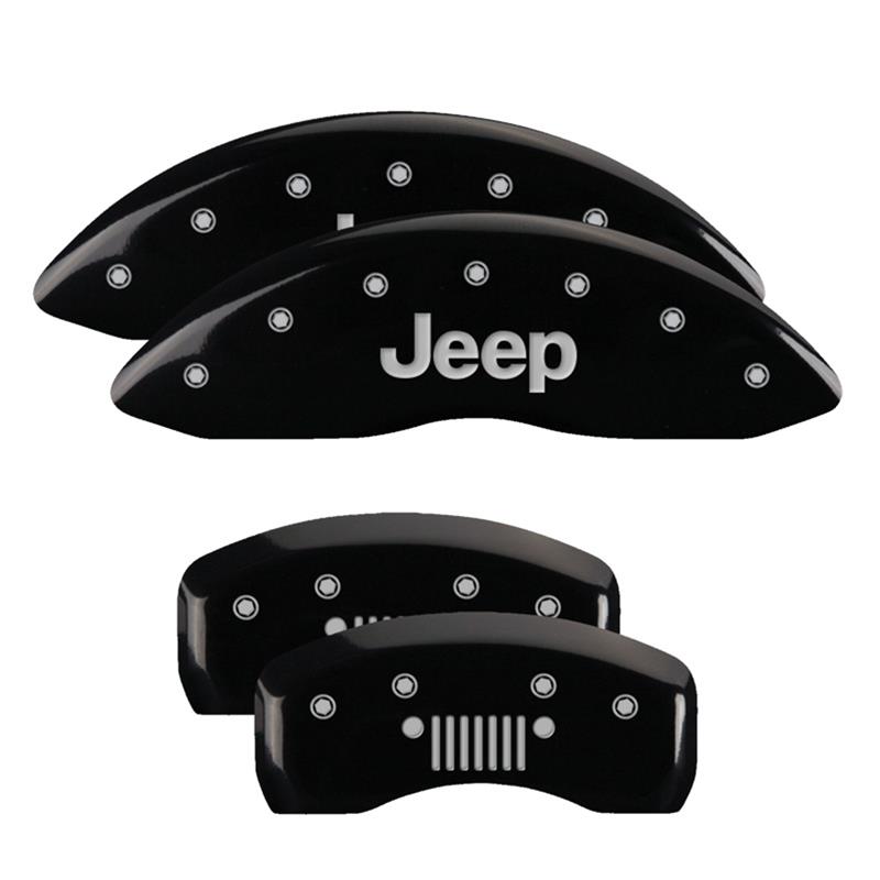 MGP Caliper Covers - Brake for 2020-2023 GLADIATOR 42021SJPLBK Set of 4 caliper covers, Engraved Front: JEEP Engraved Rear: JEEP Grill logo, Black powder coat finish, silver characters