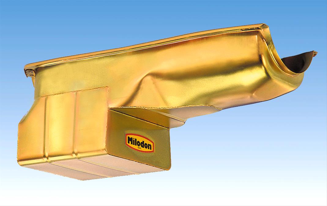 Milodon Street and Strip Oil Pans 30305 Pan, Steel, Gold Iridite, 7 qt., Oldsmobile, 330/350/400/403/425/455 , Low Profile Design, Each thumbnail 3