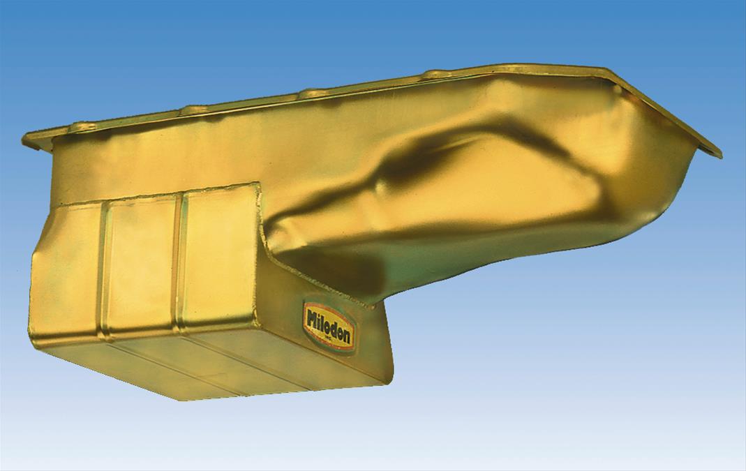 Milodon Street and Strip Oil Pans 30355 Pan, Steel, Gold Iridite, 7 qt., Pontiac, 350/389/400/421/428/455 , Low Profile Design, Each thumbnail 2