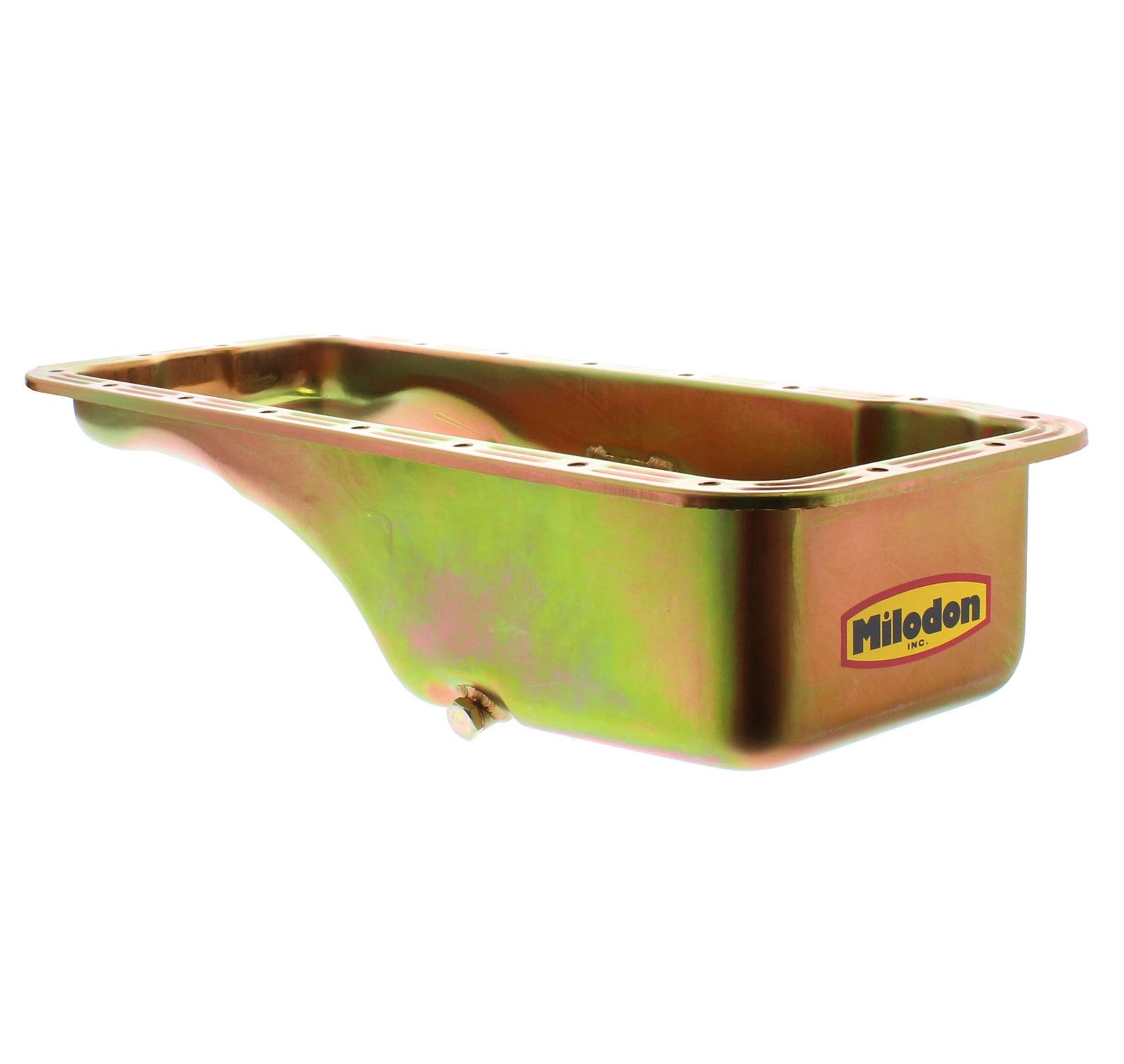 Milodon Stock Replacement Oil Pans 30740 Pan, Steel, Gold Iridite, 5 qt., Ford, FE, Pre-1973 Front Sump Chassis, Int Control Baffles, Each thumbnail 3
