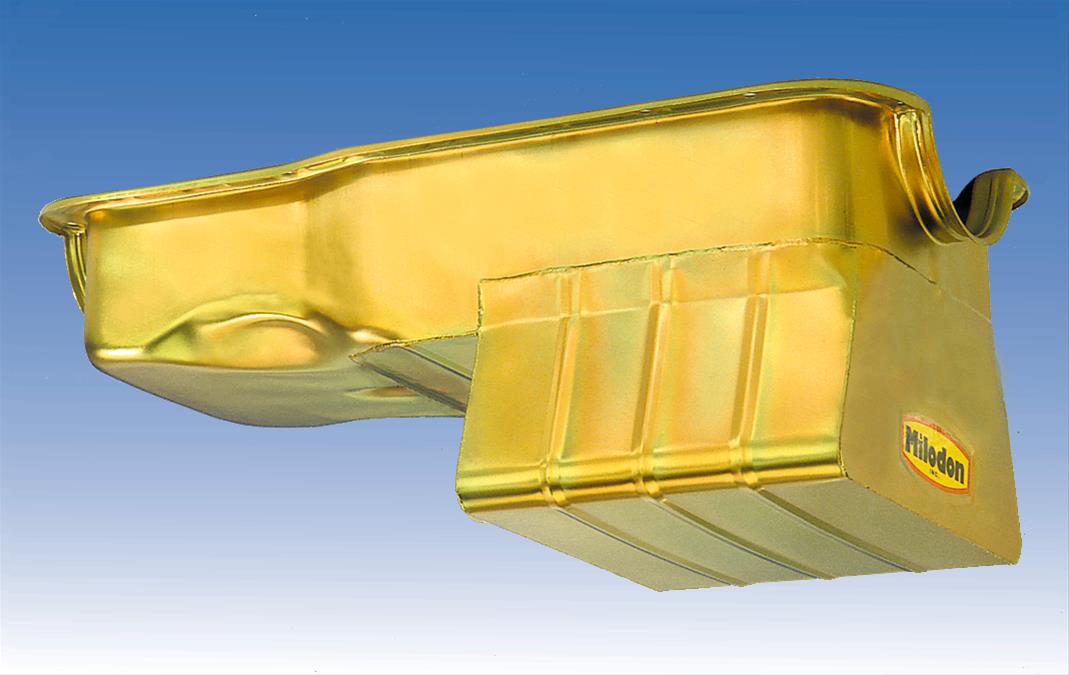 Milodon Street and Strip Oil Pans 30925 Pan, Steel, Gold Iridite, 8 qt., Ford, Small Block, 289/302, Fits Pre-1973 Front Sump Chassis, Each thumbnail 2