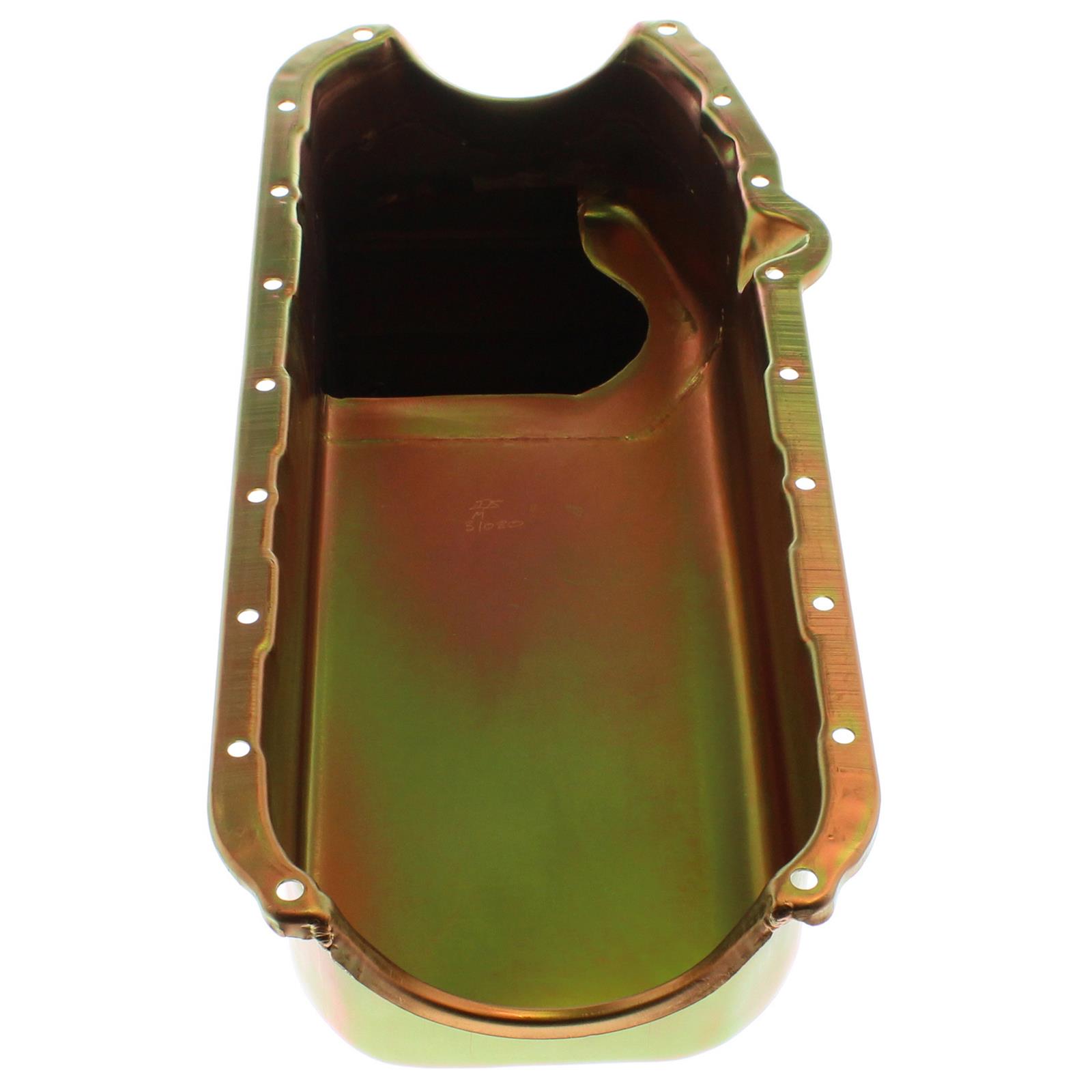 Milodon Street and Strip Oil Pans 31080 Pan, Steel, Gold Iridite, 5 qt., Chevy, Small Block, LH Dipstick, Chevy, Pickup, SUV, Each