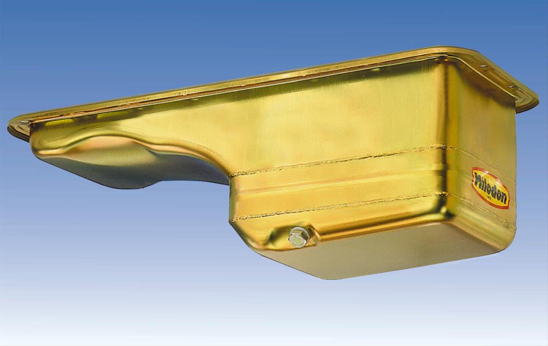Milodon Street and Strip Oil Pans 31130 Pan, Steel, Gold Iridite, 7 qt., Ford, Big Block, FE, Fits Pre-1973 Front Sump Chassis, Each thumbnail 2