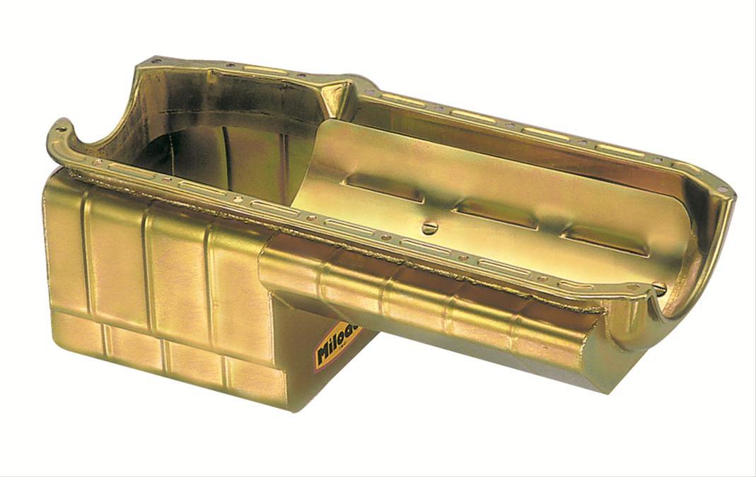 Milodon Drag Race Oil Pans for 1967-1981 CAMARO, 1964-1972 CHEVELLE, 1977-1981 FIREBIRD - 31169 Pan, Steel, Gold Iridite, 5 qt., Chevy, Small Block, Dart SHP Block, ProCompetition Full Kickout, Each