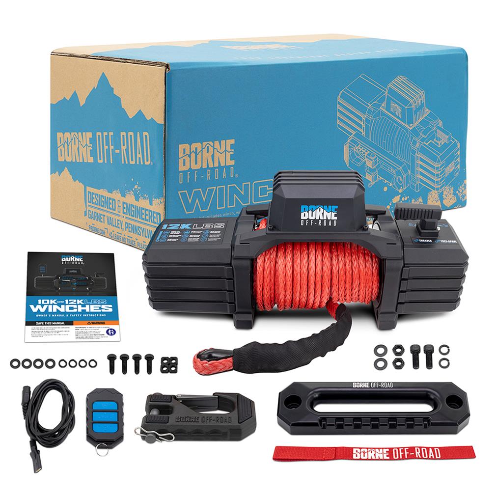 12,000 lbs. Borne Off-Road 12k Winch BNWN-12-SRD Winch, Electric, lb. Rating, 12 V, Hawse Fairlead, 3-Stage Planetary Gear, Red Synthetic Rope, 3/8 in. Diameter, Wired/Wireless Remote, Each thumbnail 6