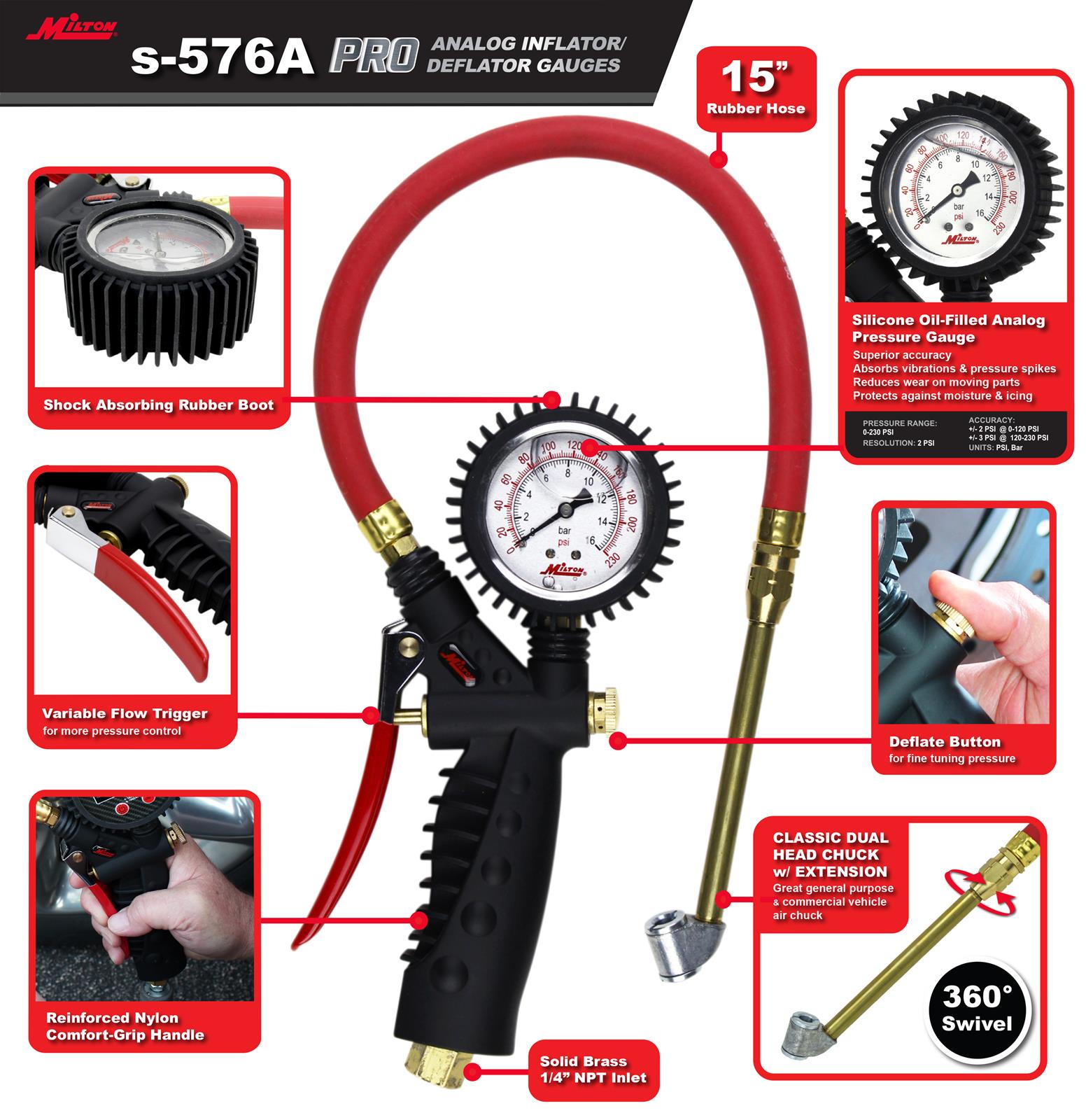 Milton Industries S576A Milton Pro Pistol Grip Analog Tire Pressure
