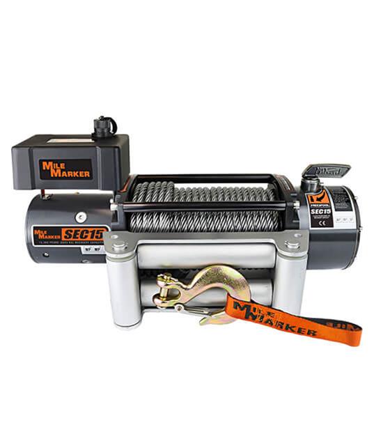 15,000 lbs. Mile Marker ES Electric Winch 76-50260W Winch, ES, Electric, lbs., Roller Fairlead, 12 V, 79 ft. Cable, 12 ft. Hand-held Remote Switch, Each thumbnail 2