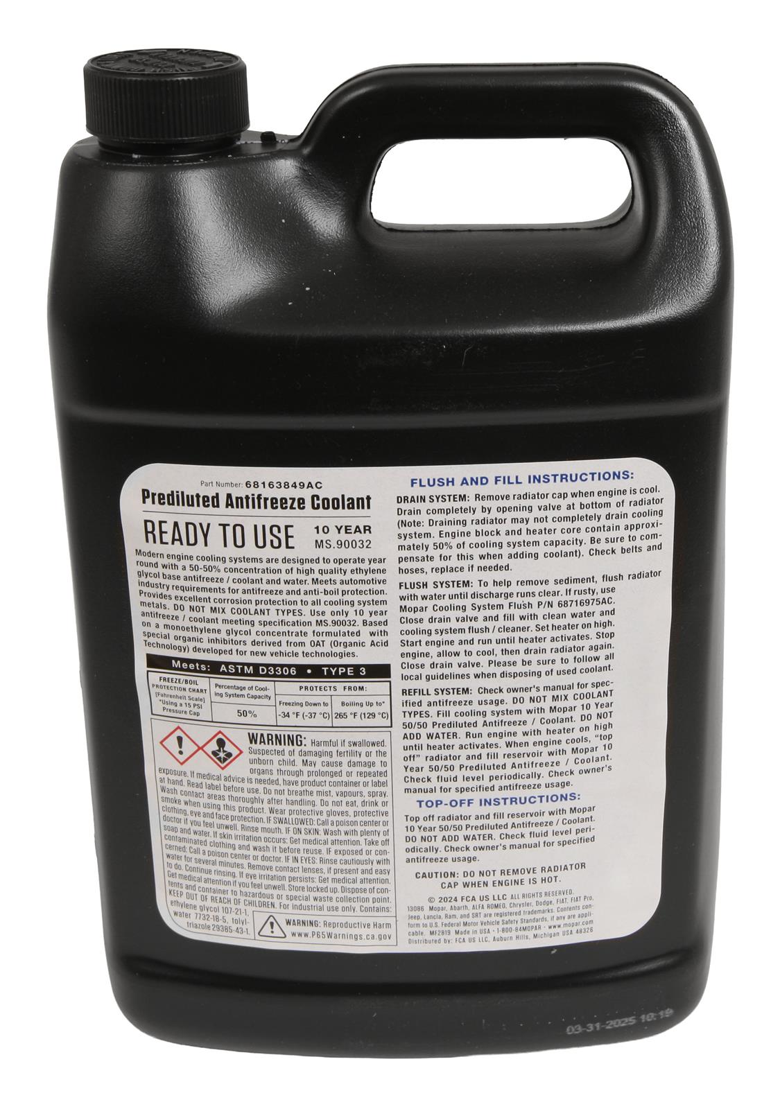 Mopar Replacement 68163849AC Mopar Replacement OAT 50/50 Premix