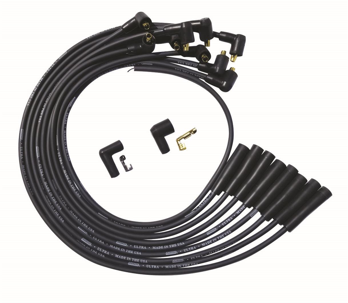 Moroso BBC Over Valve Cover Str Plug & 90 Non-HEI Unsleeved Ultra Spark Plug Wire Set - Black