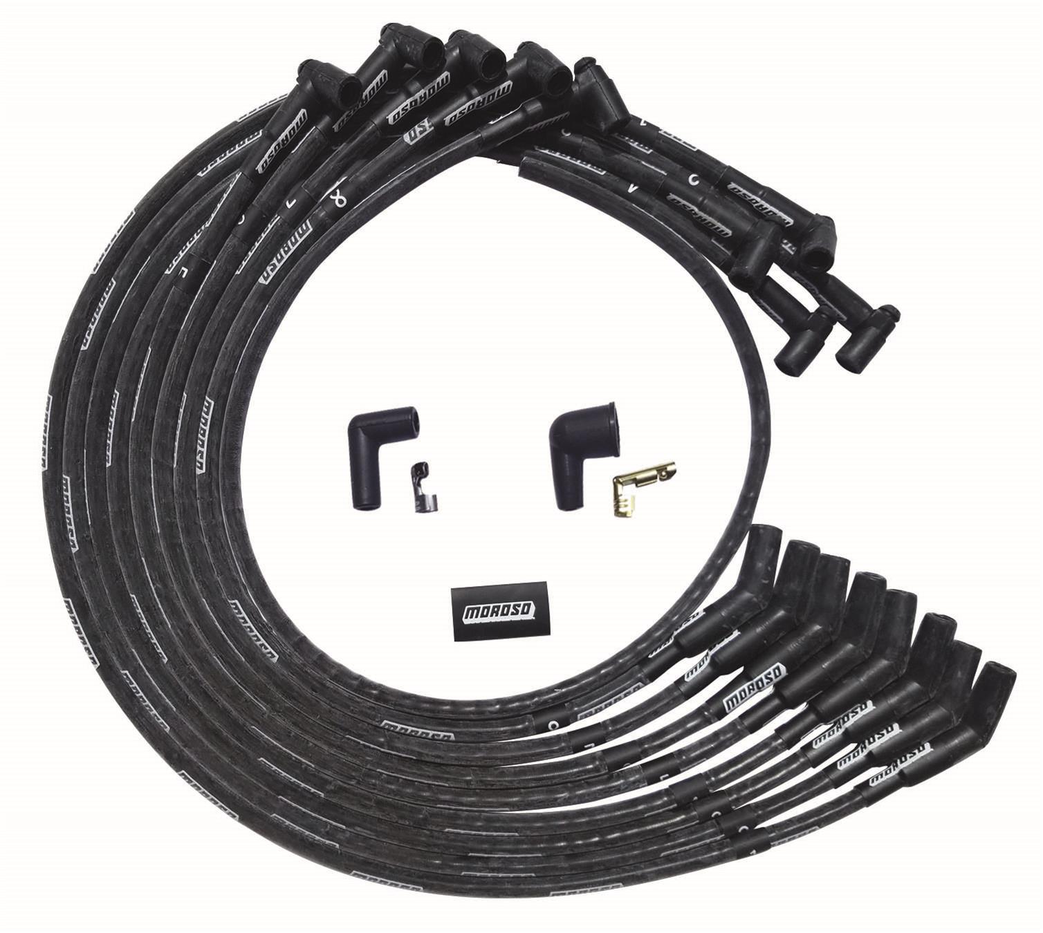Moroso SBC Under Header 135 Deg Plug End HEI Sleeved Ultra Spark Plug Wire Set - Black