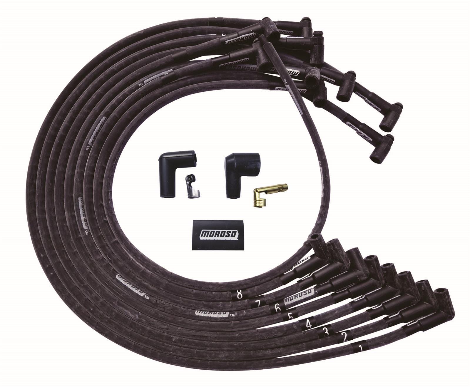 Moroso BBC Under Header 90 Deg Plug End HEI Sleeved Ultra Spark Plug Wire Set - Black