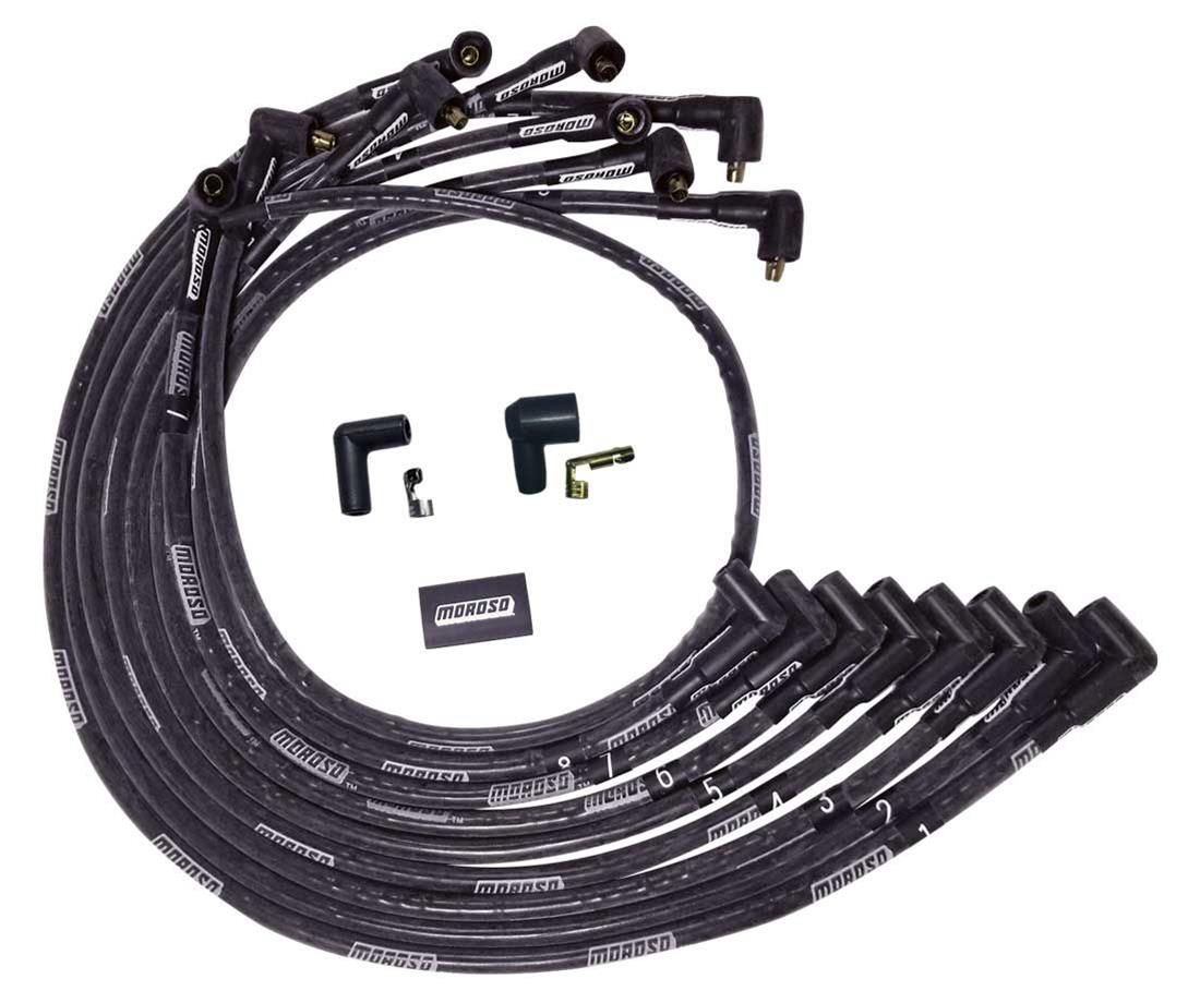 Moroso BBC Under Header 90 Deg Plug End Non-HEI Sleeved Ultra Spark Plug Wire Set - Black