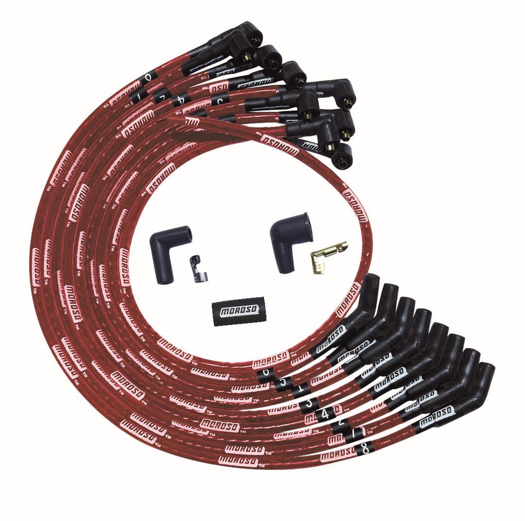 Moroso SB Ford 351W 135 Deg Plug Boots Non-HEI Sleeved Ultra Spark Plug Wire Set - Red
