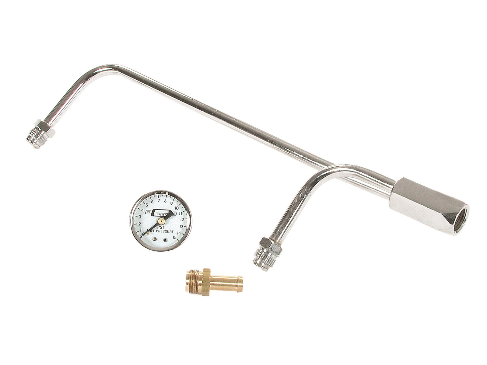 Mr. Gasket Chrome Gas Lines 1558 Fuel Line, Chrome, Dual Feed, 8.656 in. Center to Center, 3/8 in. Hose Barb Inlet, 0-15 psi Gauge, Holley, Each