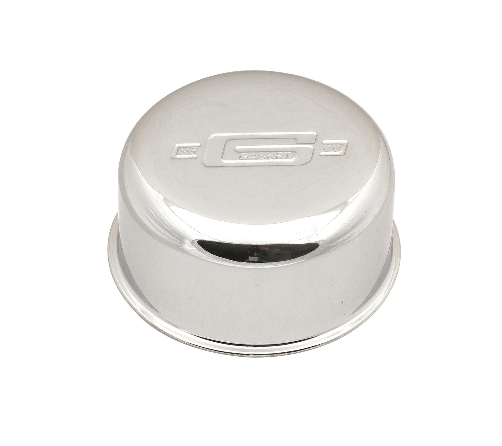 Mr. Gasket Chrome Valve Cover Breathers 2057 Breather, Push-In, Round, Steel, Chrome, 3/4 in. Nipple, Logo, Each