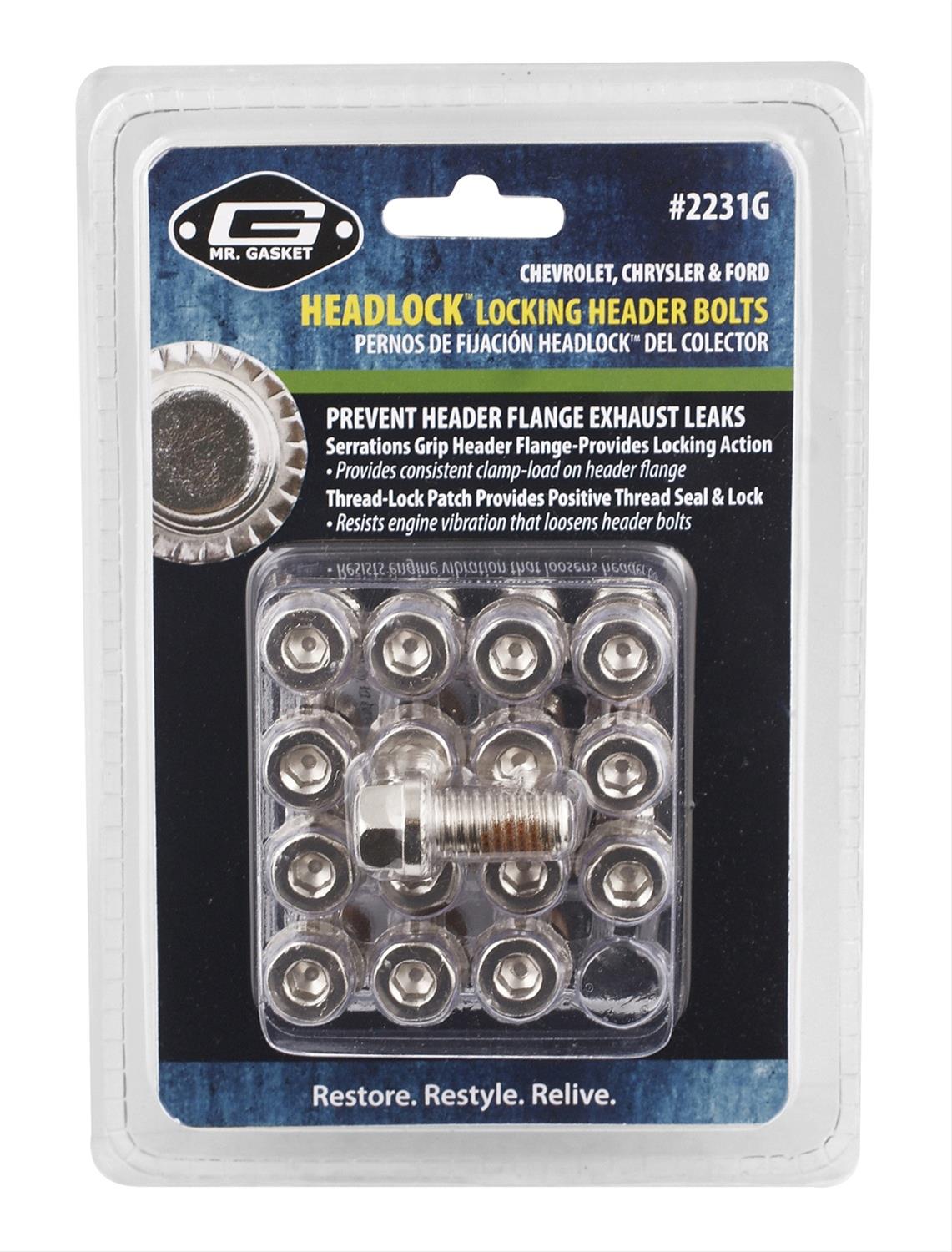 Mr. Gasket HEADLOCK Locking Header Bolts 2231G Fasteners, Bolts, Internal Allen/Hex Head, Stainless Steel, Chevy, Ford, Set of 16 thumbnail 2