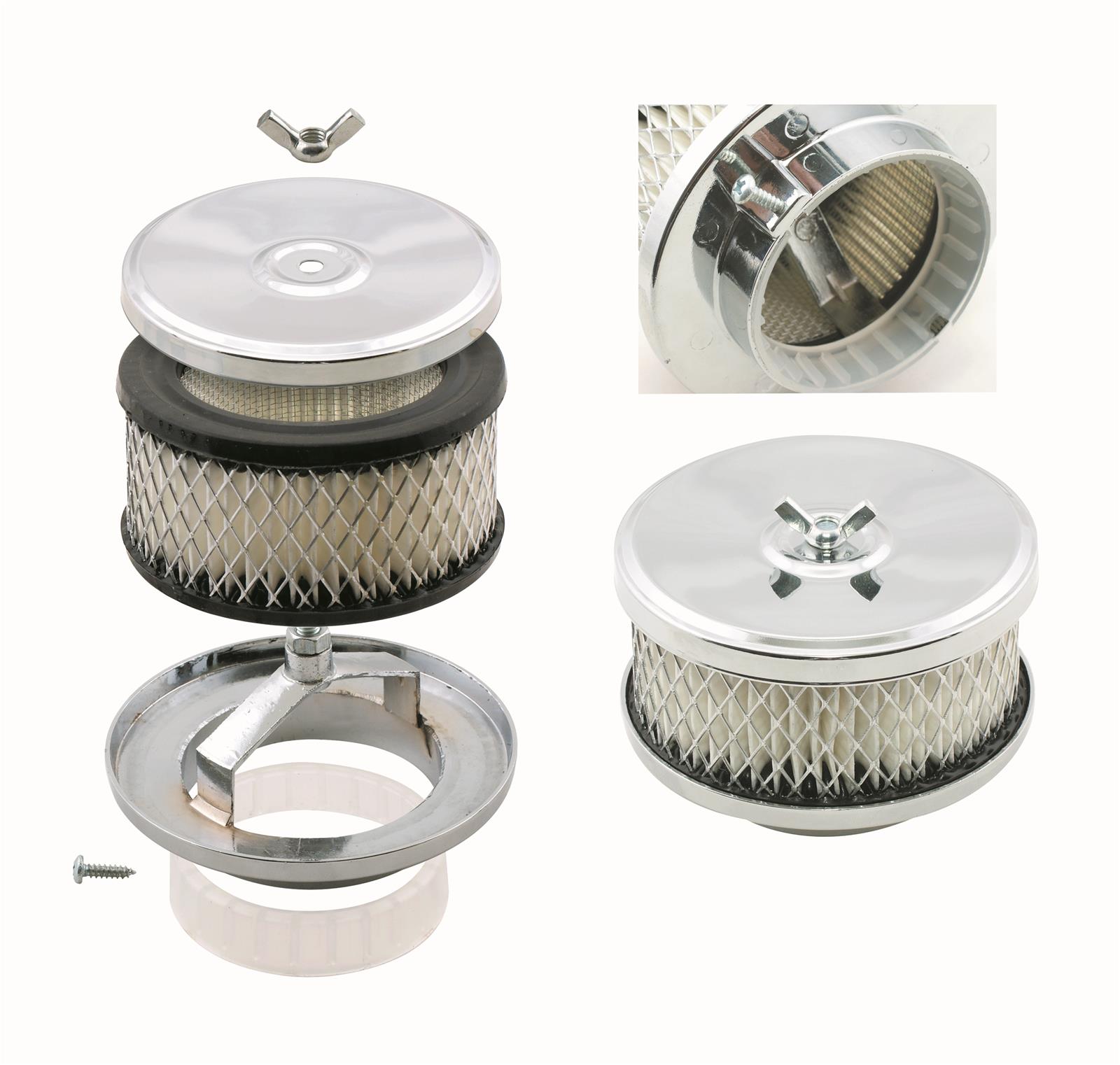 Mr. Gasket Deep-Dish Air Cleaners 4354 Filter Assembly, Deep-Dish, 4 in. Diameter, Round, Steel, Chrome, 2 in. Filter Height, Each