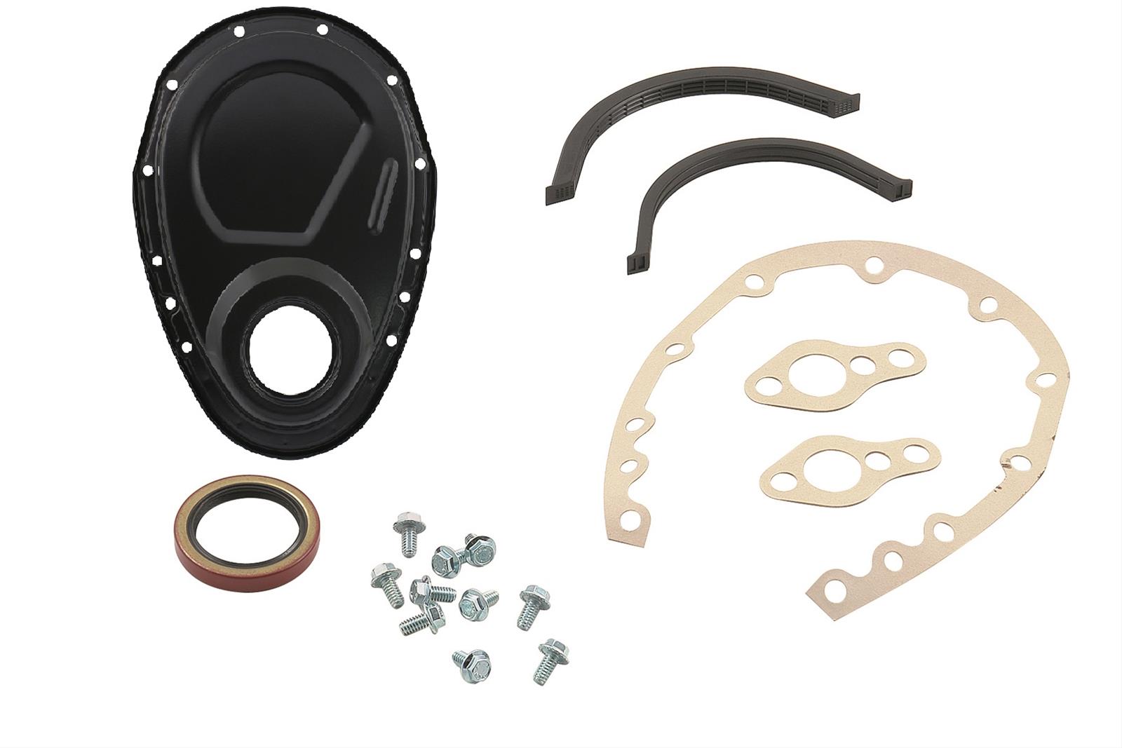 Mr. Gasket Timing Covers 4590BP Cover, One-piece, Steel, Black Matte, Bolts, Front Seal, Water Pump Gaskets, Chevy, Small Block, Kit