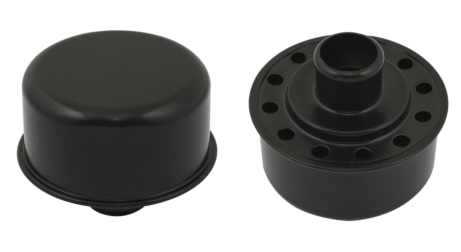 Mr. Gasket Flat Black Valve Cover Breathers 9810BP Breathers, Black, Round, Push-in, Steel, Matte Powdercoated, Plain Top Style, 1.220 in. Hole Size, Each