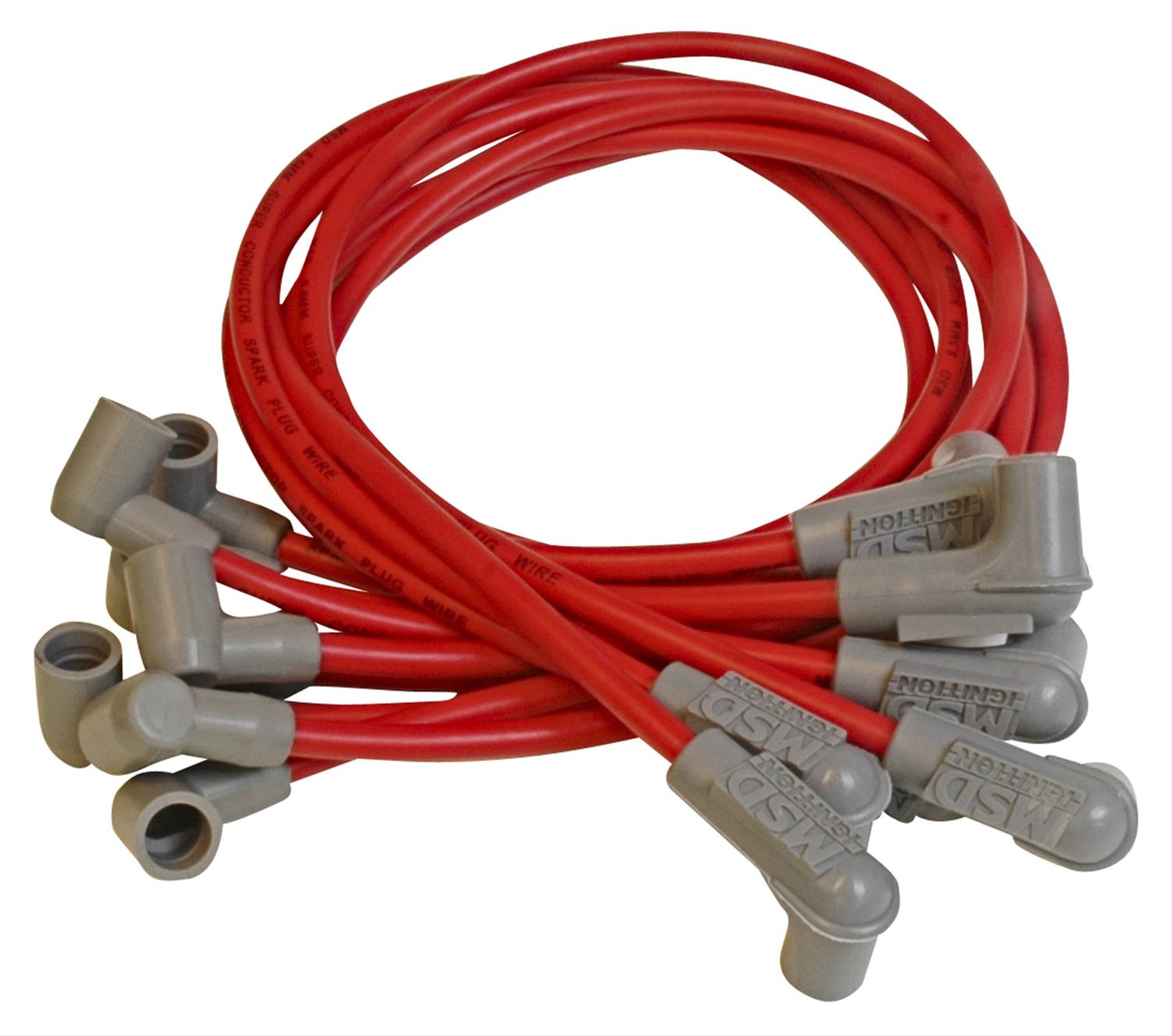 MSD Race Tailored Super Conductor Wire Sets 31599 Spark Plug Wires, Conductor, Spiral Core, 8.5mm, Red, 90 Degree Boots, Chevy, Small Block, Set
