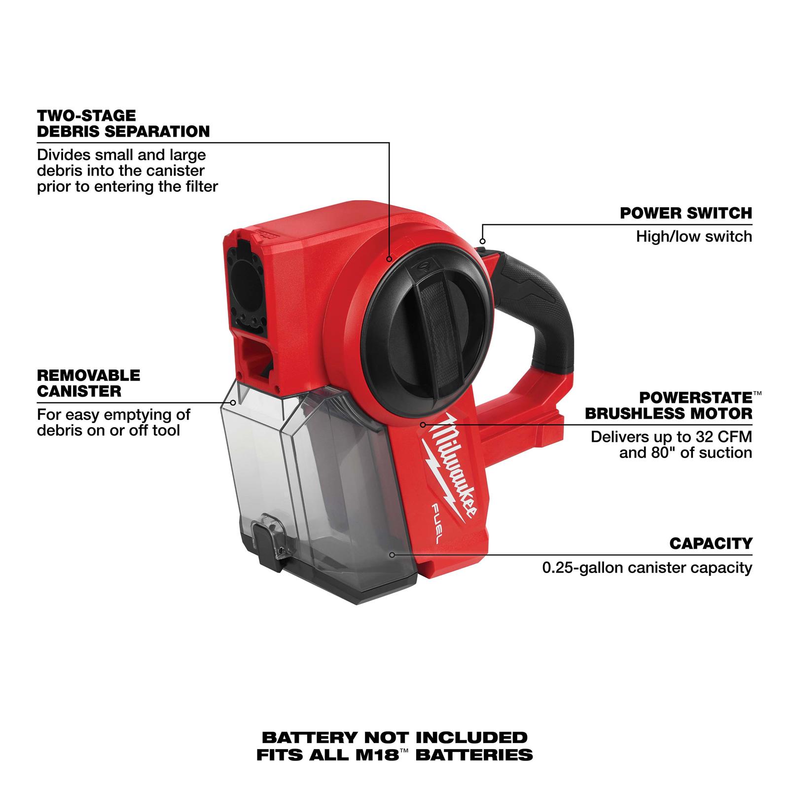 Milwaukee Tool 0940-20 Milwaukee M18 FUEL Compact Vacuum Cleaners