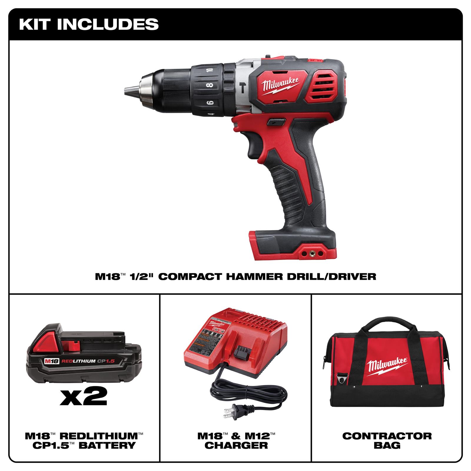 Milwaukee Tool 2607-22CT Milwaukee M18 Compact Hammer Drill