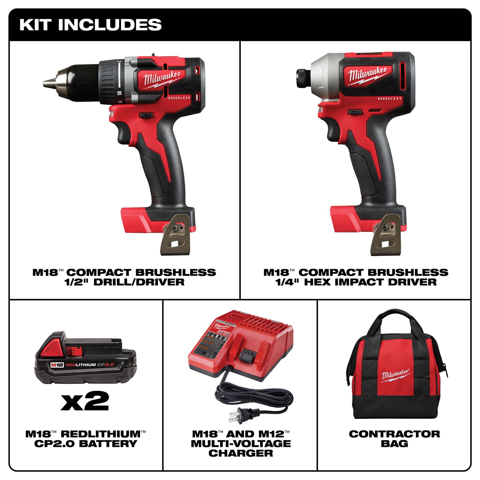 Milwaukee Tool 2892-22CT Milwaukee M18 Compact Brushless 2-Tool