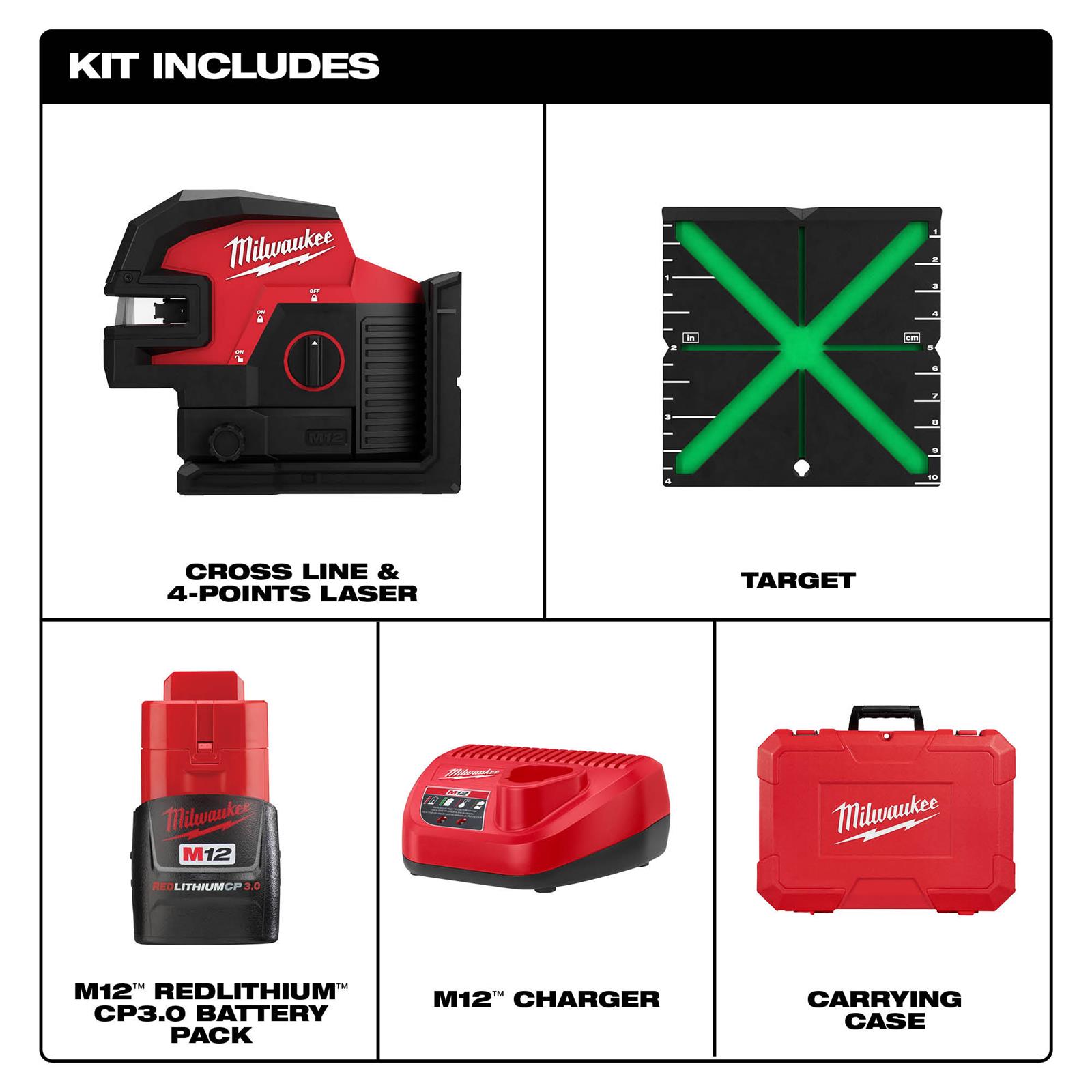 Milwaukee Tool 362421 Milwaukee M12 Green Lasers with Cross Line and 4