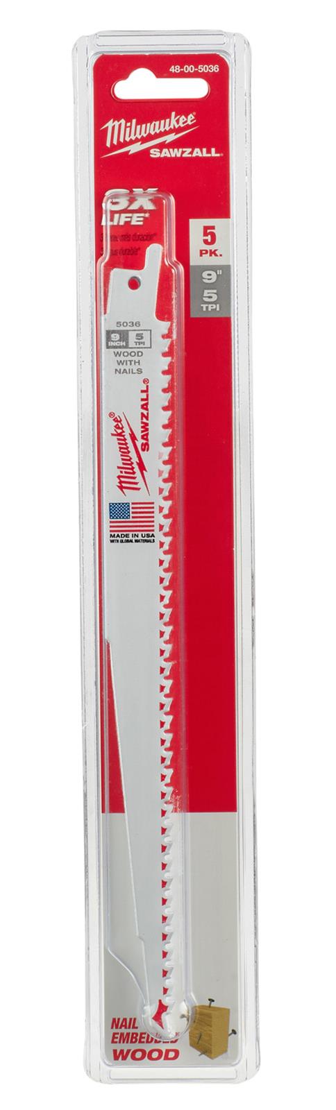 MILWAUKEE 48-00-5036 9" 5-TPI SAWZALL BLADES FOR WOOD PACK OF 5 