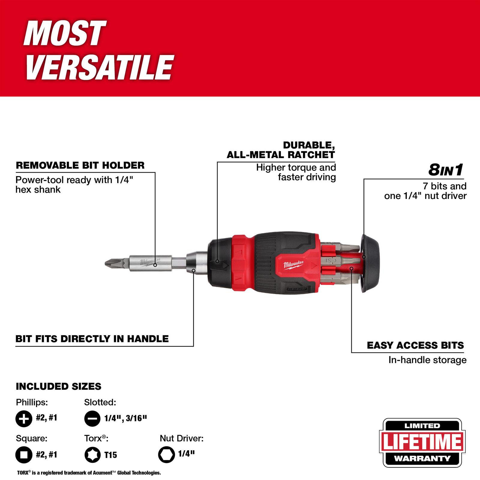 Milwaukee Tool 48222913 Milwaukee 8in1 Compact Ratcheting MultiBit