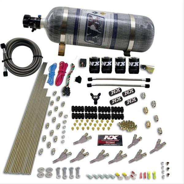 Nitrous Express STD Nozzle Nitrous Kit (200-500HP) Gas w//Dist Block & 4 Solenoids w/15lb Bottle