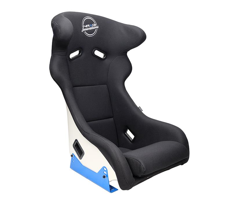 NRG FRP Bucket Seat - White Finish with Arrow Embroidery And Blue Side Mount Bracket