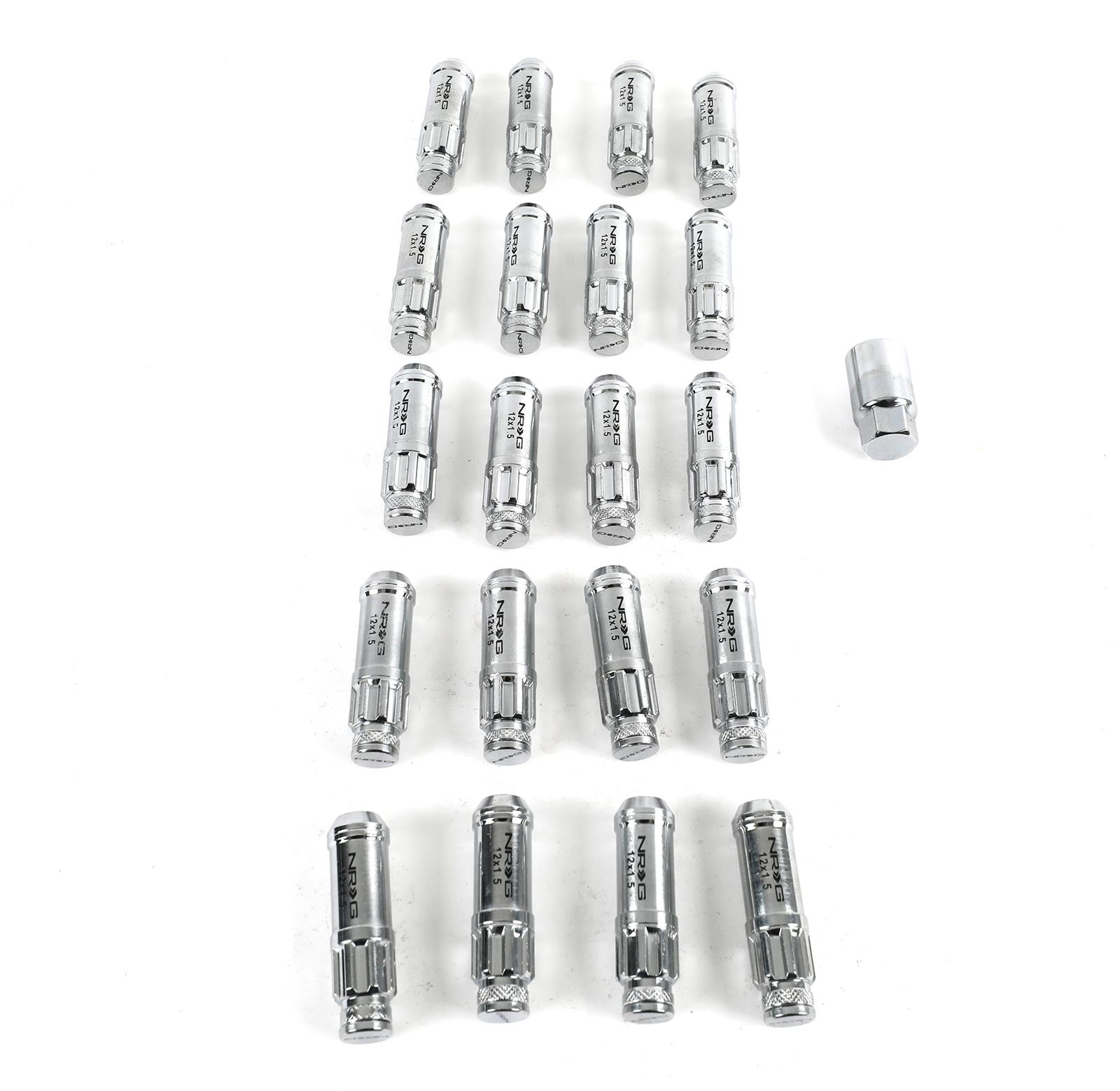 NRG 700 Series M12 X 1.5 Steel Lug Nut w/Dust Cap Cover Set 21 Pc w/Locks & Lock Socket - Silver