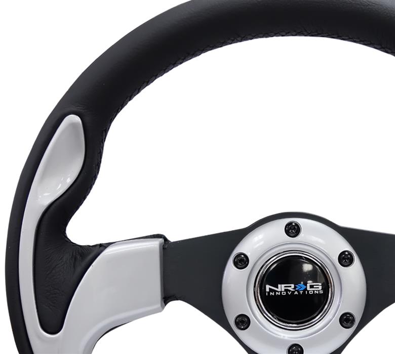 NRG Reinforced Steering Wheel (320mm) Blk w/Silver Trim & 5mm 3-Spoke thumbnail 2