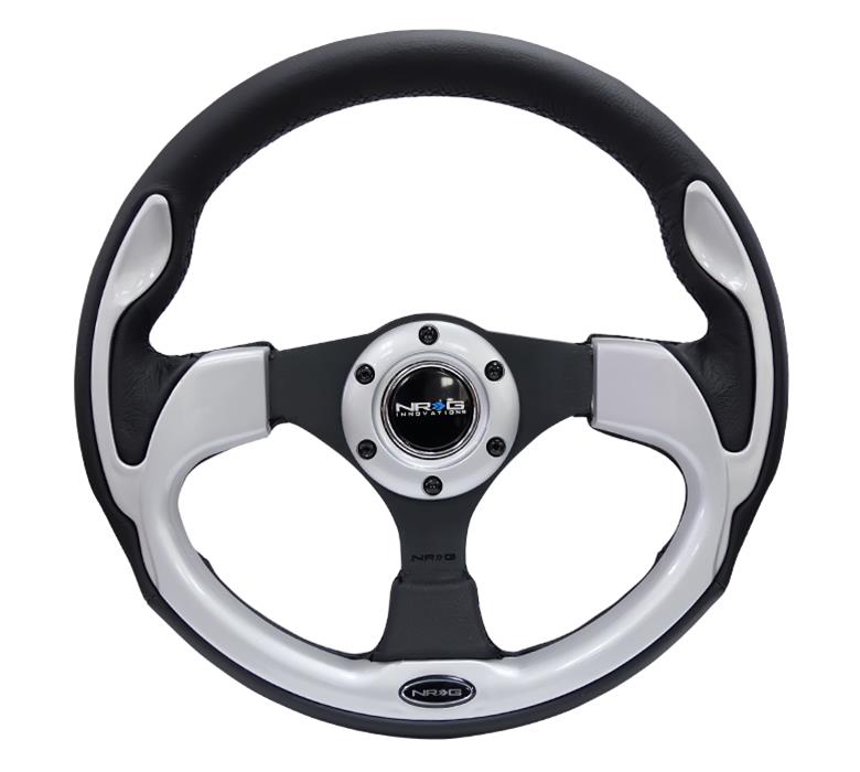 NRG Reinforced Steering Wheel (320mm) Blk w/Silver Trim & 5mm 3-Spoke thumbnail 3